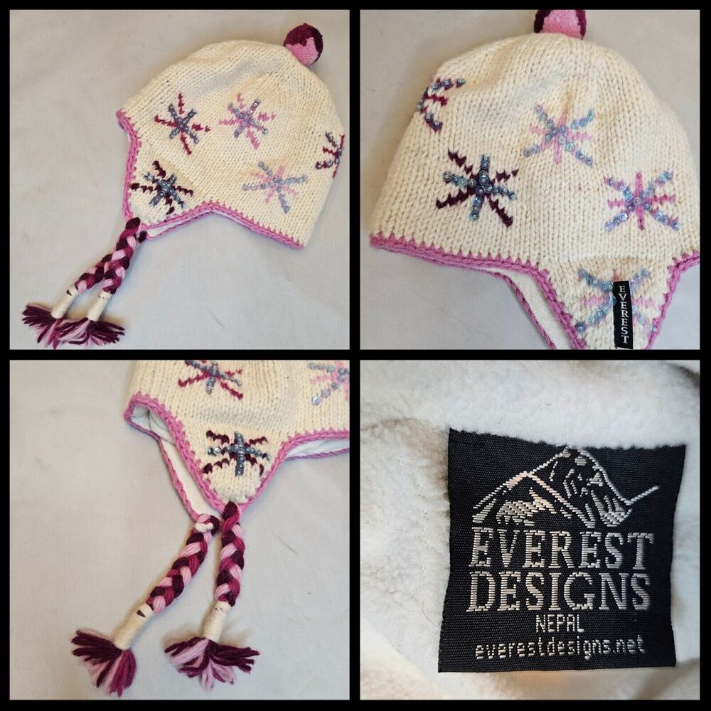 Everest Designs Wool Girls Hat Lined Tassel Cap Made in Nepal Ski Cap Snowflakes